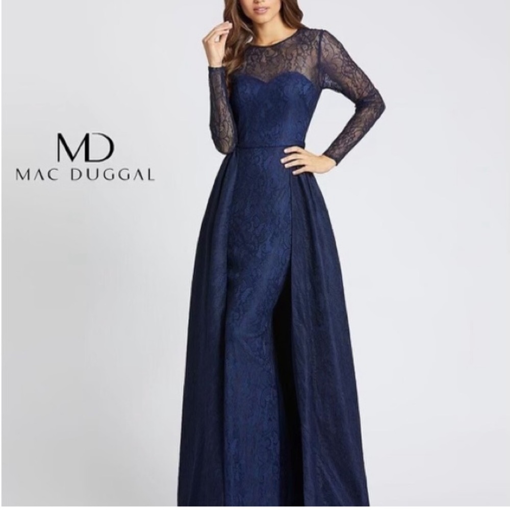 NEW Mac Duggal 12356D Navy Lace Long Sleeve Dress Gown w/ Overskirt Size 4